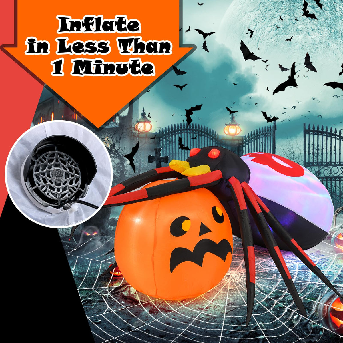 Lucktree 5 FT Halloween Inflatable Spider with Pumpkin, LED Lighted Halloween Decoration