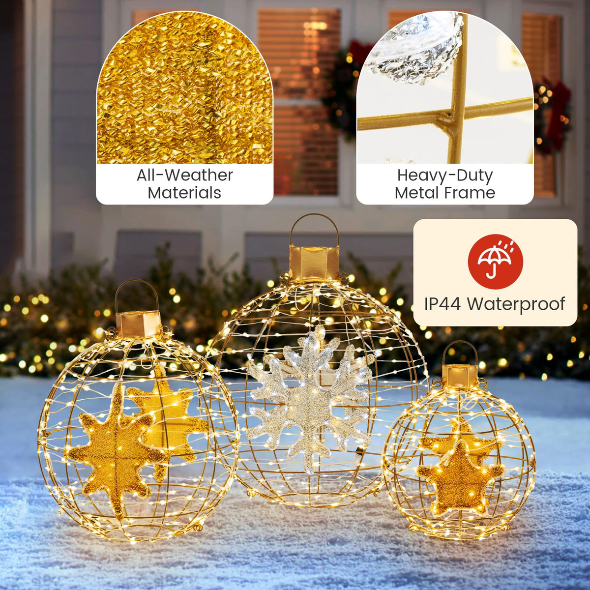 Lucktree 3 PCS Pre-Lit Lantern Balls, Hanging/Standing Christmas Ornaments with 732 Bright LED Lights, Zip Ties & Ground Stakes