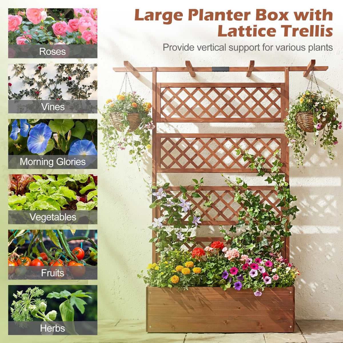Lucktree 72" Wooden Raised Garden Bed with Trellis w/Privacy Screen Roof