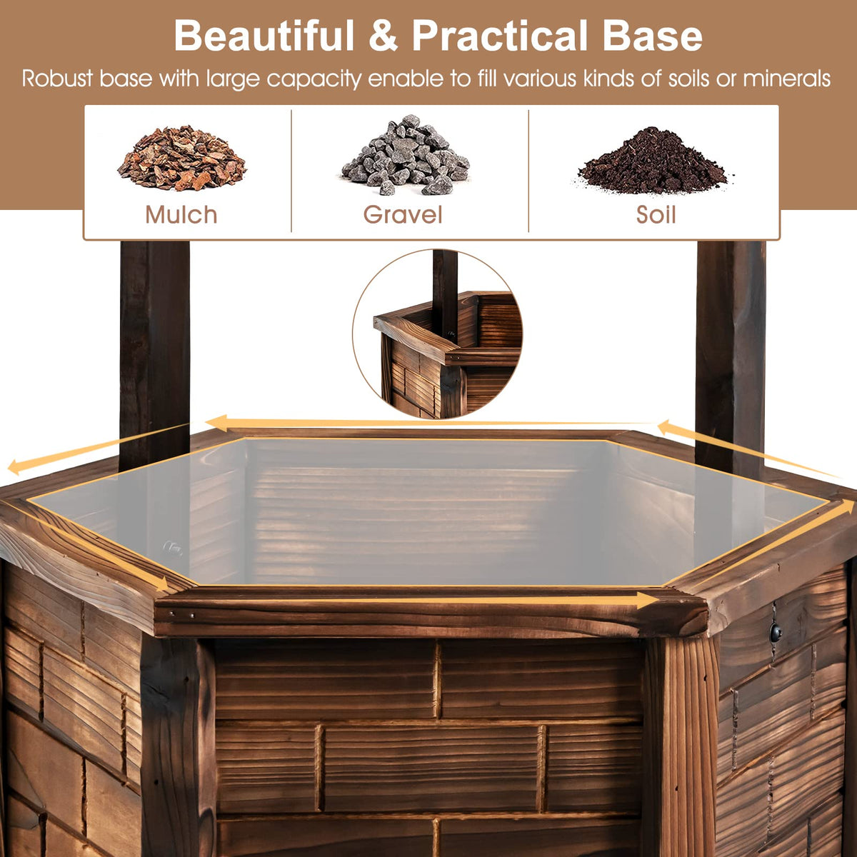 Lucktree Rustic Wooden Wishing Well Planter with Hanging Bucket, Roof Shadow