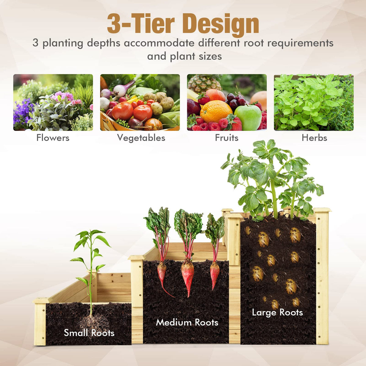 Lucktree 3 Tier Raised Garden Bed, Wood Planter Box 48 x 48 x 22 Inch Vegetable Flower Herb Fruit Growing Bed Kit