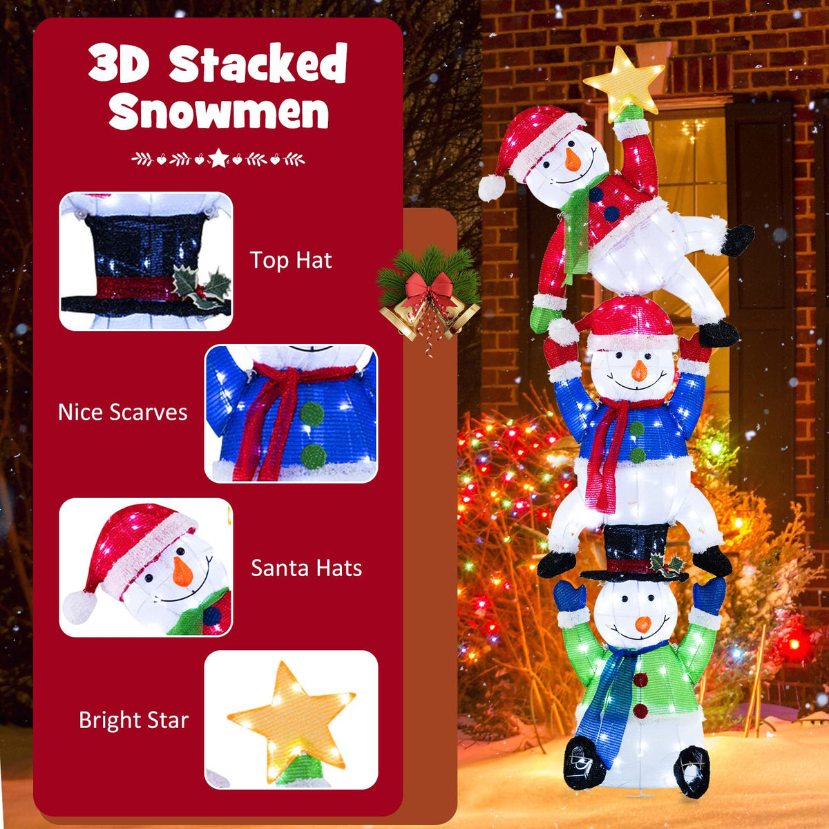 Lucktree 6 ft Christmas Stacked Snowman, 3D Pre-Lit Snowman Decoration w/ 155 LED Lights