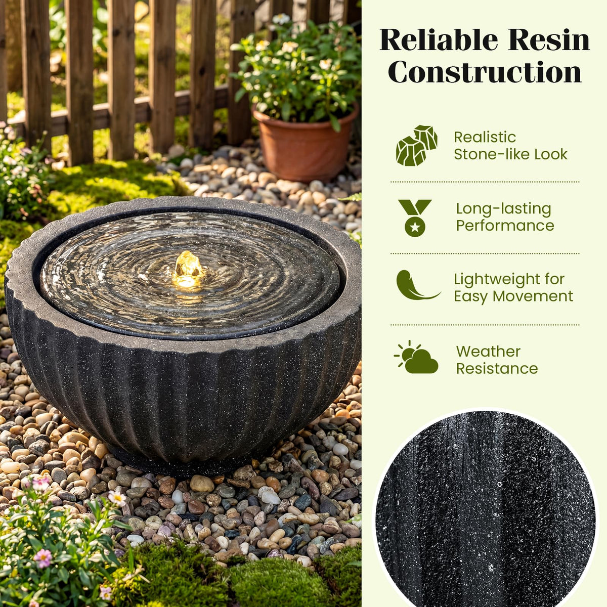 Lucktree 17.5"/18" Round Outdoor Water Fountain with 6 LED Lights
