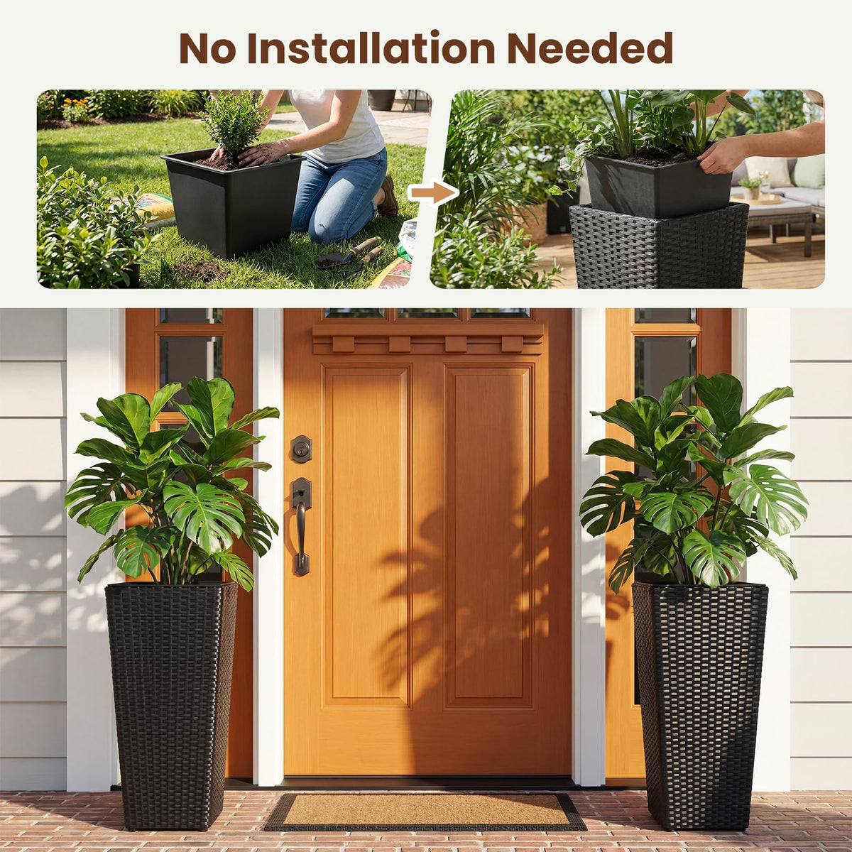Lucktree Set of 2 Rattan Tall Plant Pots with Detachable Plastic Liners