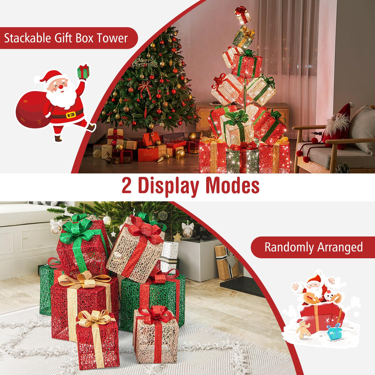 Lucktree 15 Pieces Stackable Pre-lit Lighted Boxes Tower w/ 450 Warm White Lights