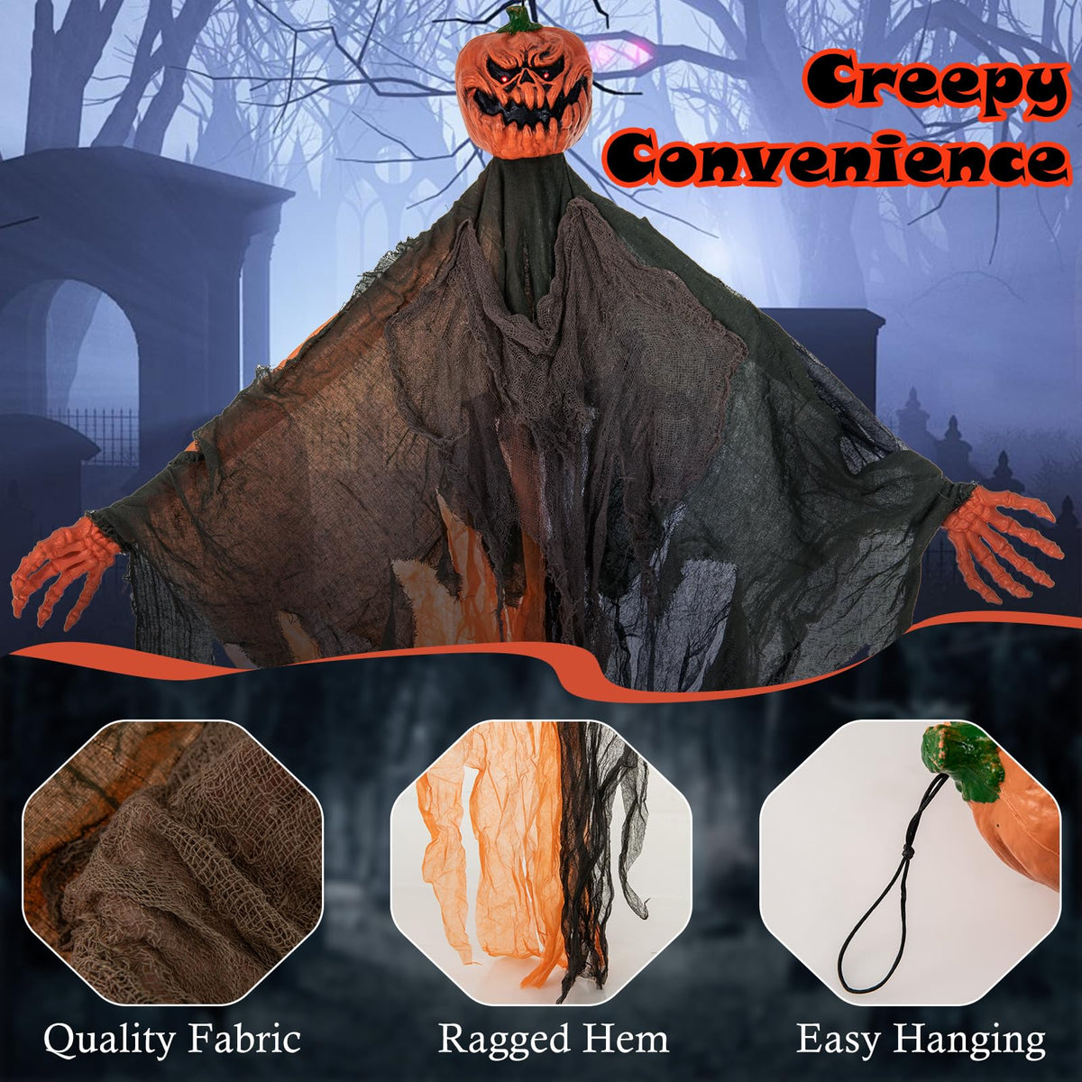 Lucktree 6 Ft Hanging Halloween Decoration, Ghost Pumpkin Man with Red LED Eyes & Posable Arms
