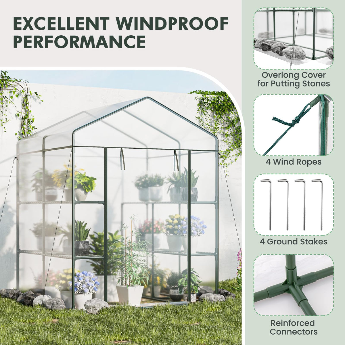 Lucktree Walk-in Greenhouse w/ 3 Tiers 4 Shelves, 4 Ground Stakes & Ropes, PVC Cover