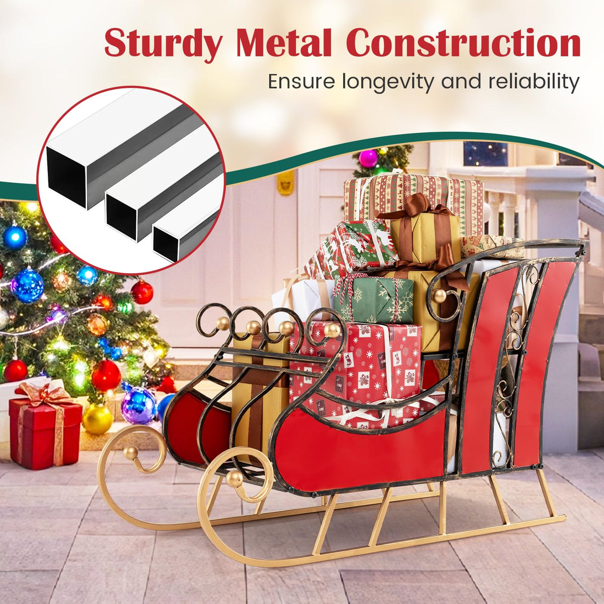 Lucktree Metal Christmas Santa Sleigh Basket, Xmas Festival Holiday Decorative Santa’s Sleigh with 2-Tier Storage Shelf