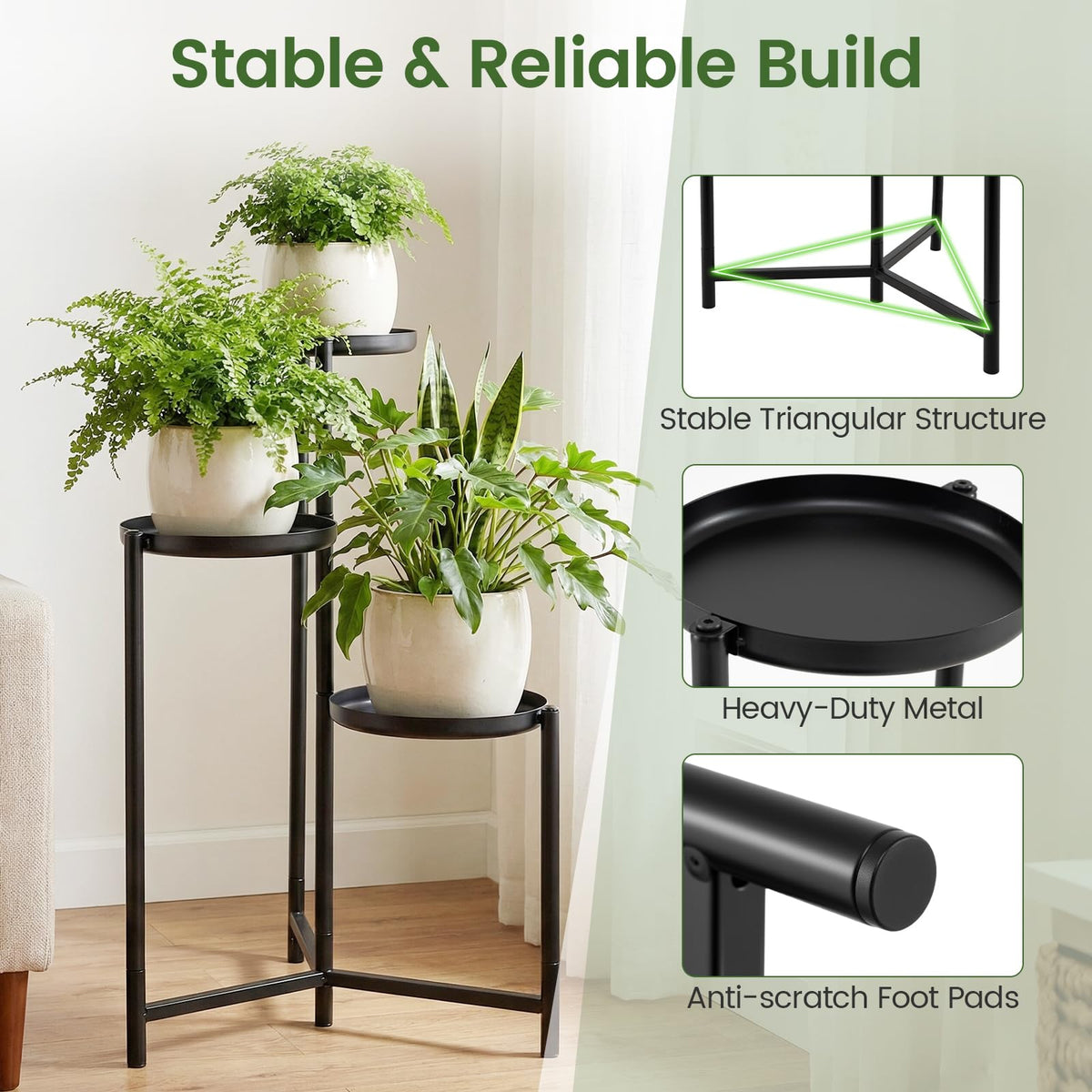 Lucktree 3-Tier Metal Tall Corner Plant Stand Indoor Outdoor