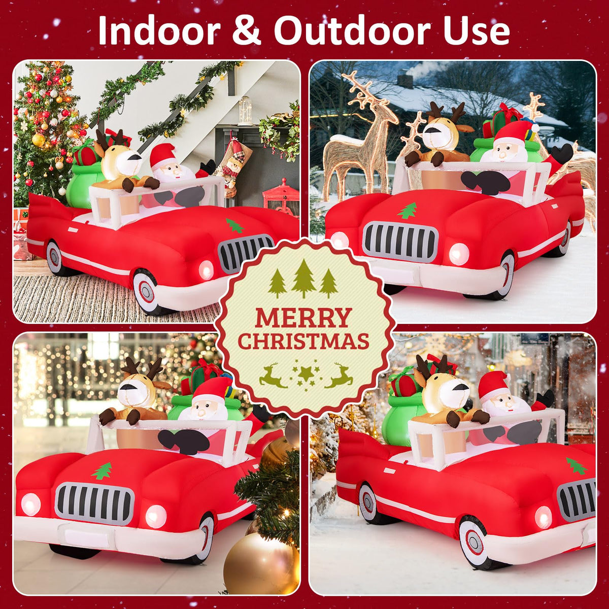 Lucktree 7.7 FT Long Lighted Xmas Inflatable Santa Claus & Reindeer Driving Red Car Gift Boxes