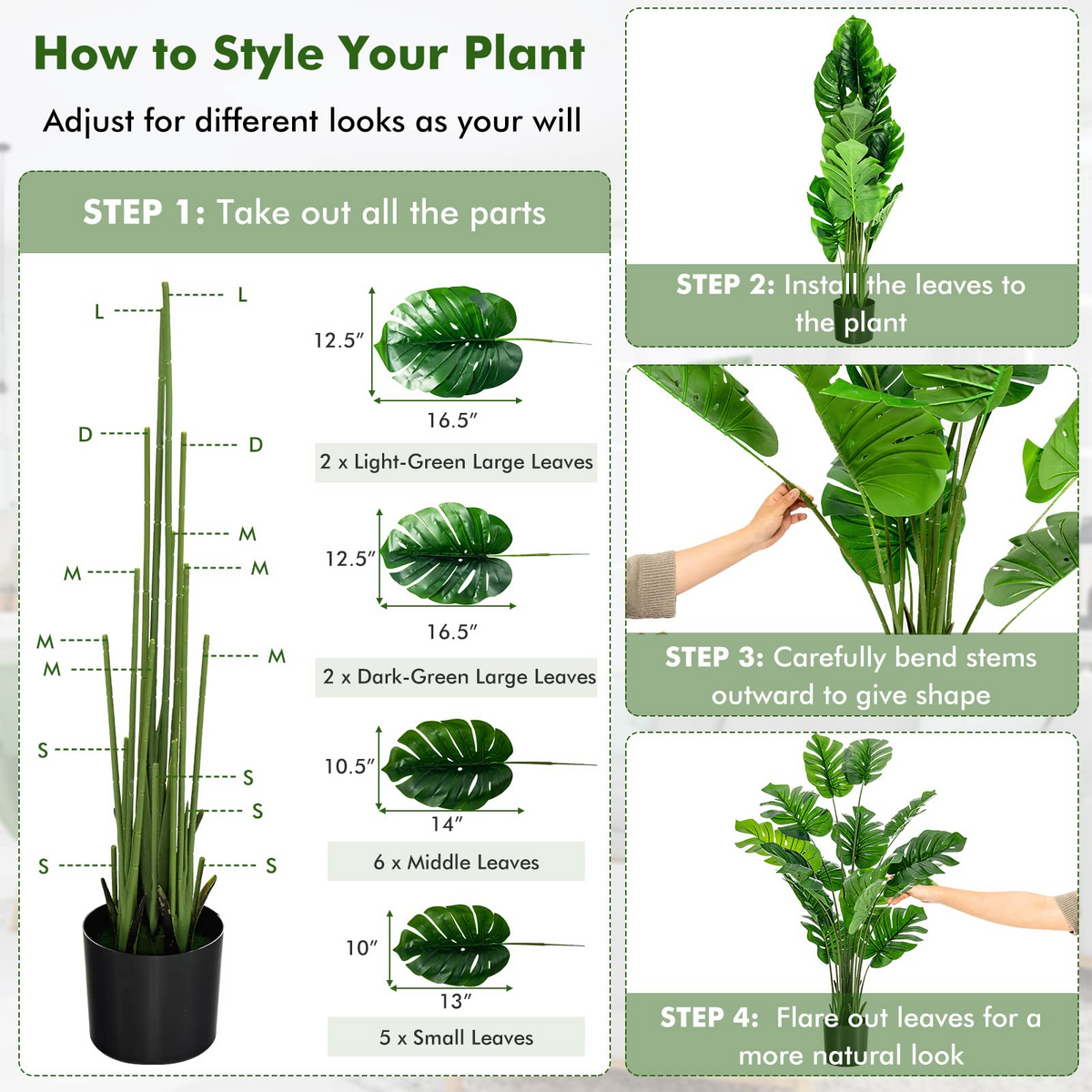 Lucktree Artificial Monstera Deliciosa Plant, 5ft Tall Fake Tropical Palm Tree w/15 Pcs Different Turtle Leaves - LucktreeUS