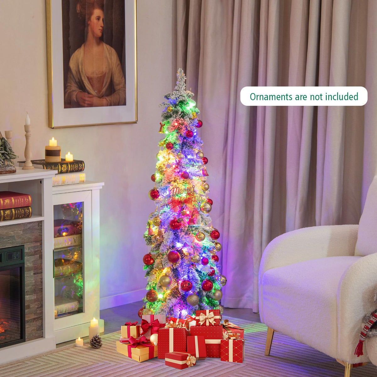 Lucktree Pre-Lit Flocked Pencil Christmas Tree Artificial Slim Xmas Tree