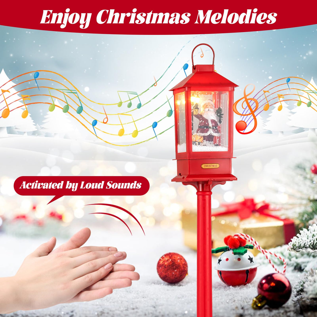 Lucktree 61 Inch Christmas Street Lamp, Festive Musical Lamp Post w/Detachable Snow Globe Lantern