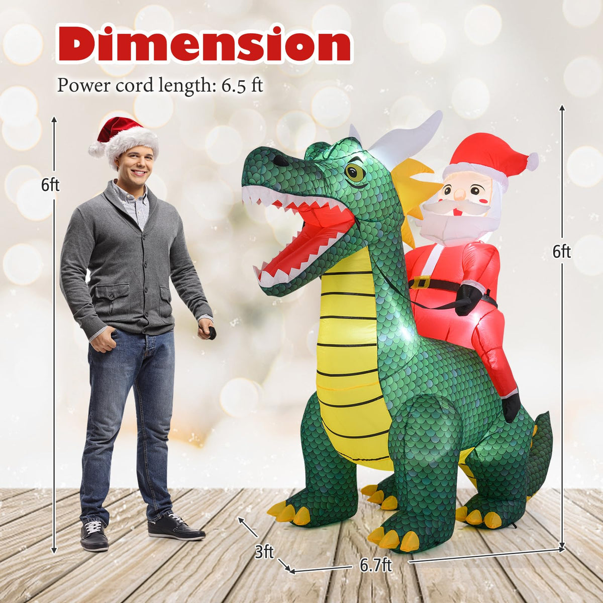 Lucktree 6.7 FT Inflatable Christmas Santa Claus Riding Dinosaur Decoration with Lights Stakes