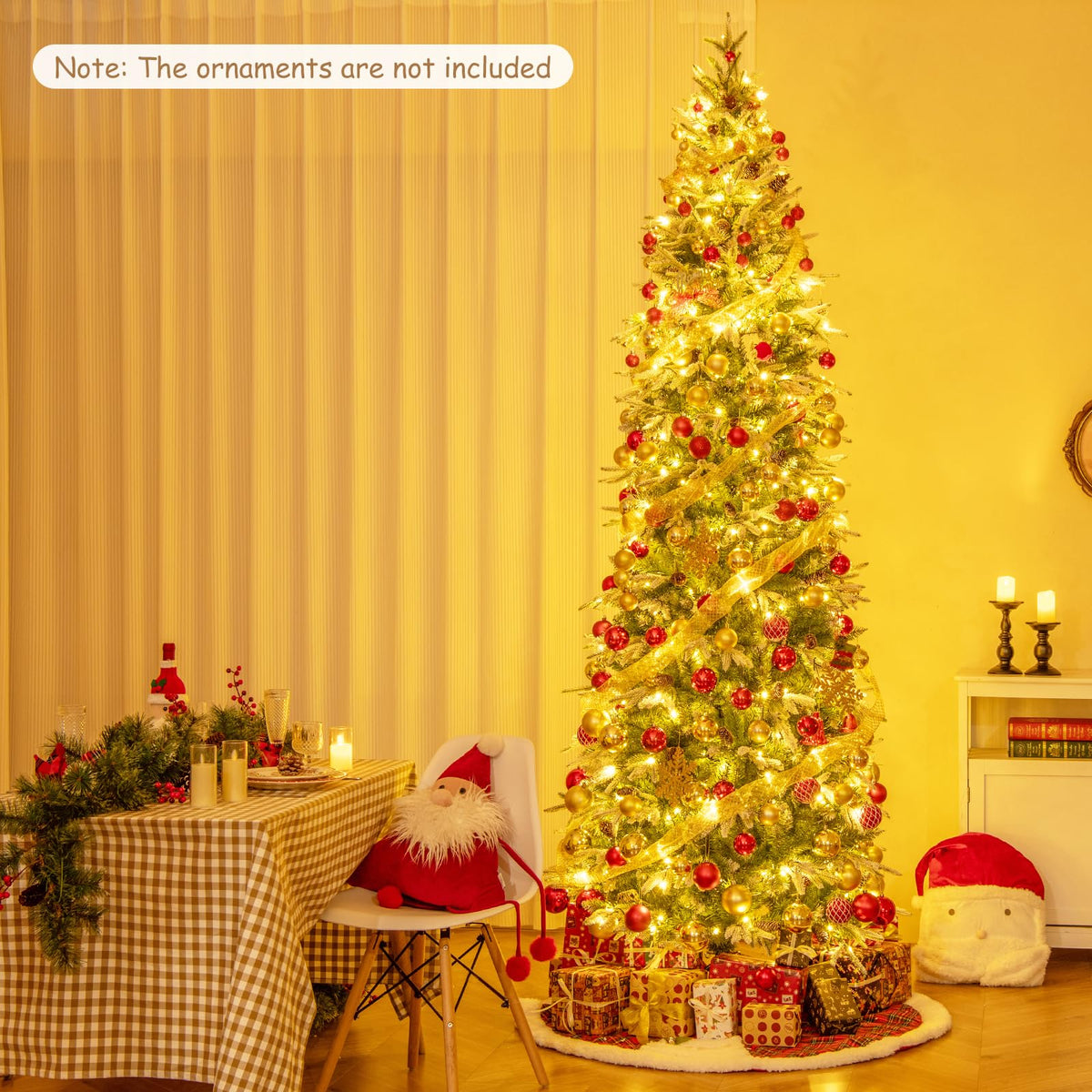 Lucktree 9 FT Pre-Lit Pencil Christmas Tree, Artificial Snow Flocked Hinged Fake Slim Xmas Tree with 470 Warm-White LED Lights