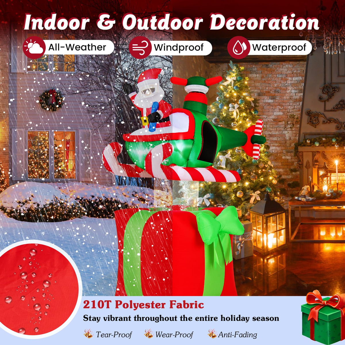 Lucktree 6 FT Christmas Inflatable Santa Claus Flying Helicopter on Gift Box