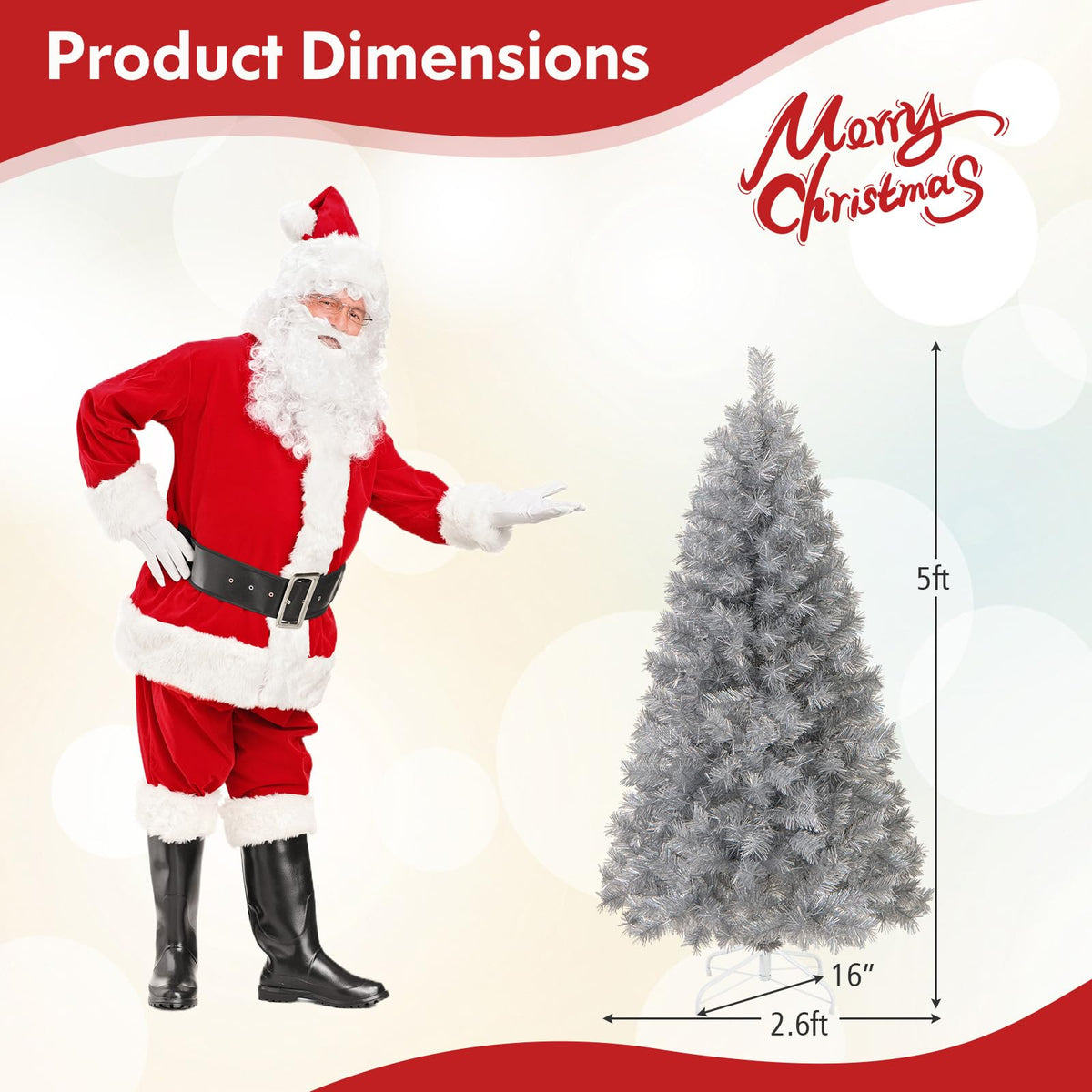 Lucktree 5ft / 6ft / 7 ft Pre-Lit Silver Tinsel Christmas Tree with Warm White LED Lights