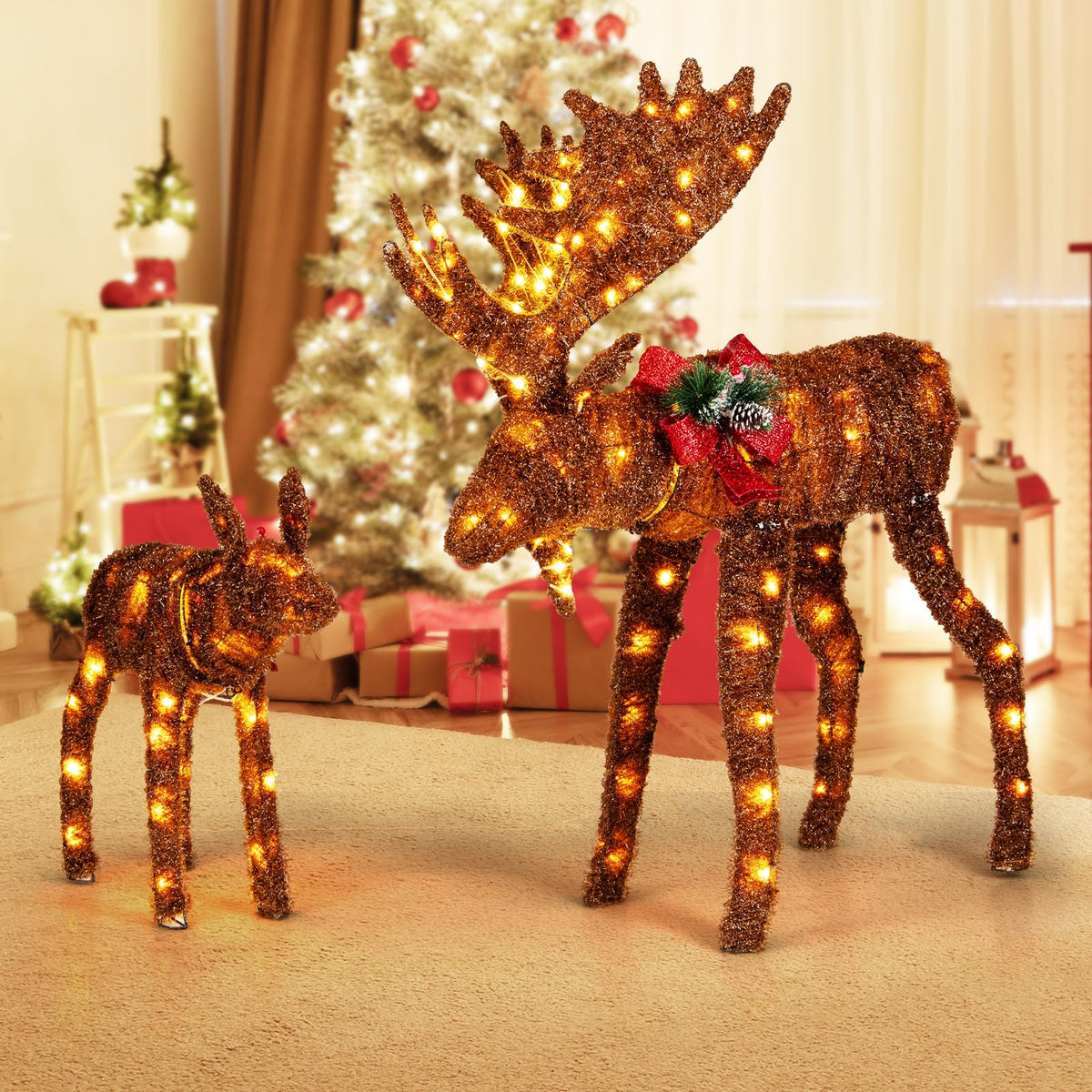 Lucktree 2 Pieces Lighted Christmas Moose Family, Light-up Xmas Deer Decorations with 170 LED Lights
