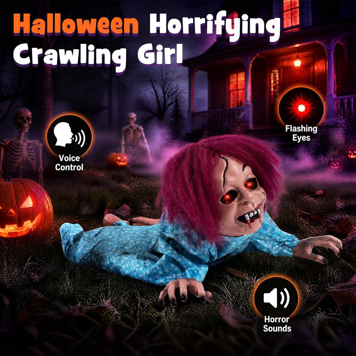 Lucktree 28" Halloween Animated Crawling Baby Doll with Glowing Eyes