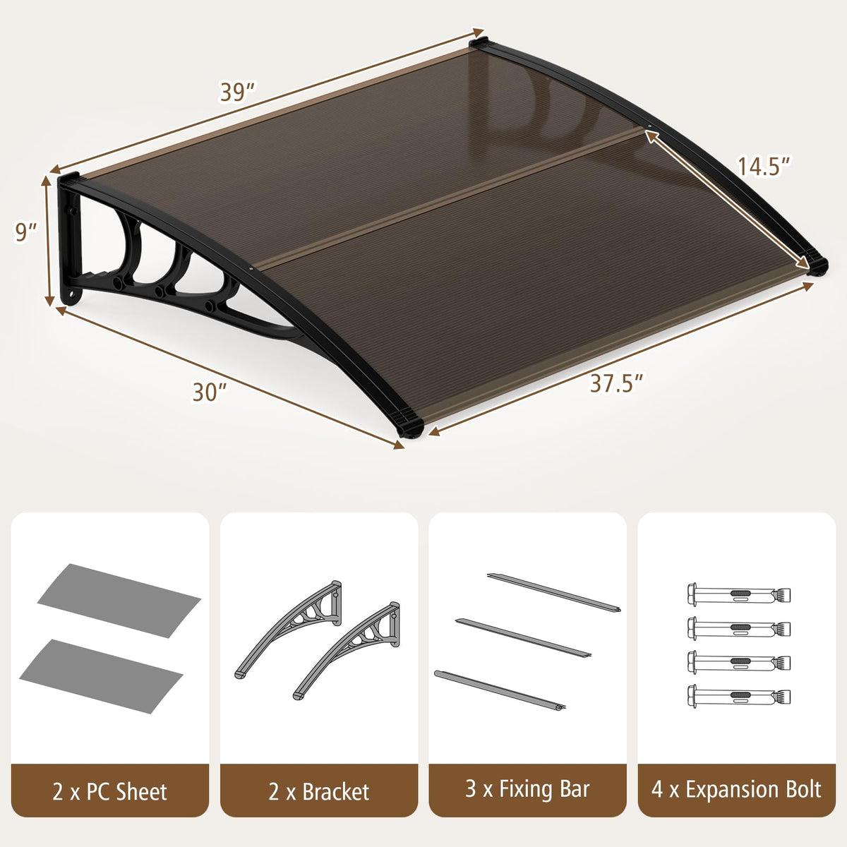 Lucktree 30" x 39" Window Awning with Hollow Sheet for Rain Snow Sunlight Protection
