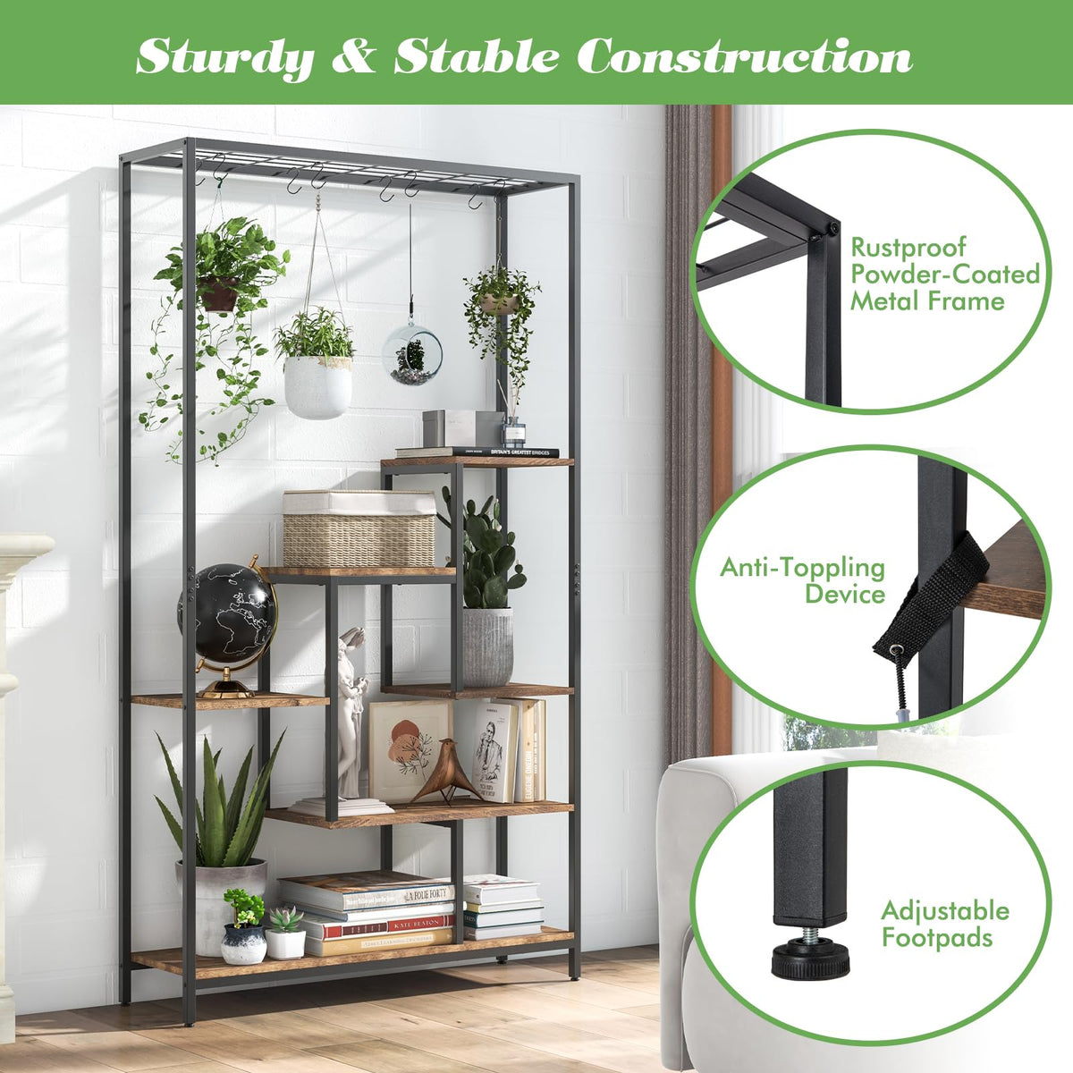 Lucktree 71" Tall Plant Stand Indoor, 6-Tier Metal Plant Shelf with 10 Hanging Hooks