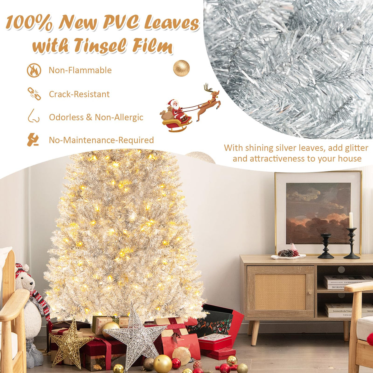 Lucktree 6ft Pre-lit Silver Pencil Christmas Tree, Artificial Tinsel Electroplated Tree, Decor for Home
