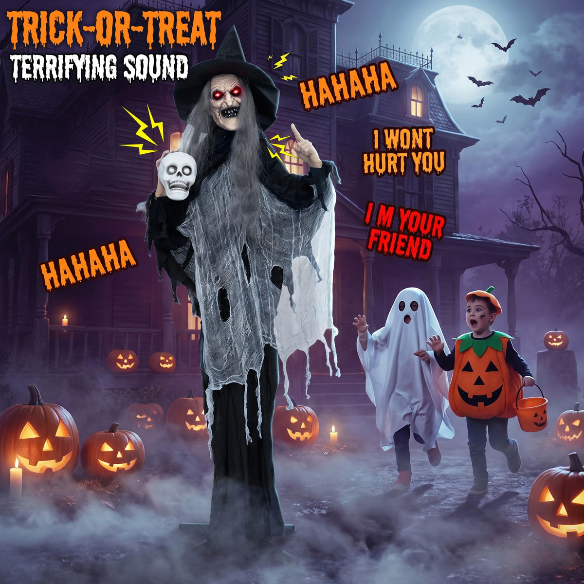Lucktree 6.3 FT Animated Halloween Standing Talking Witch with Skull