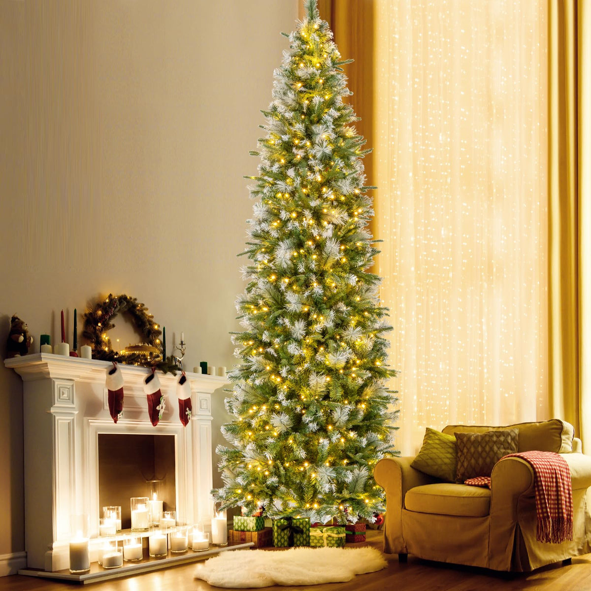 Lucktree 6ft / 7.5ft / 9ft Pre-Lit Pencil Christmas Tree with Flocked Frosted Tips & LED Lights