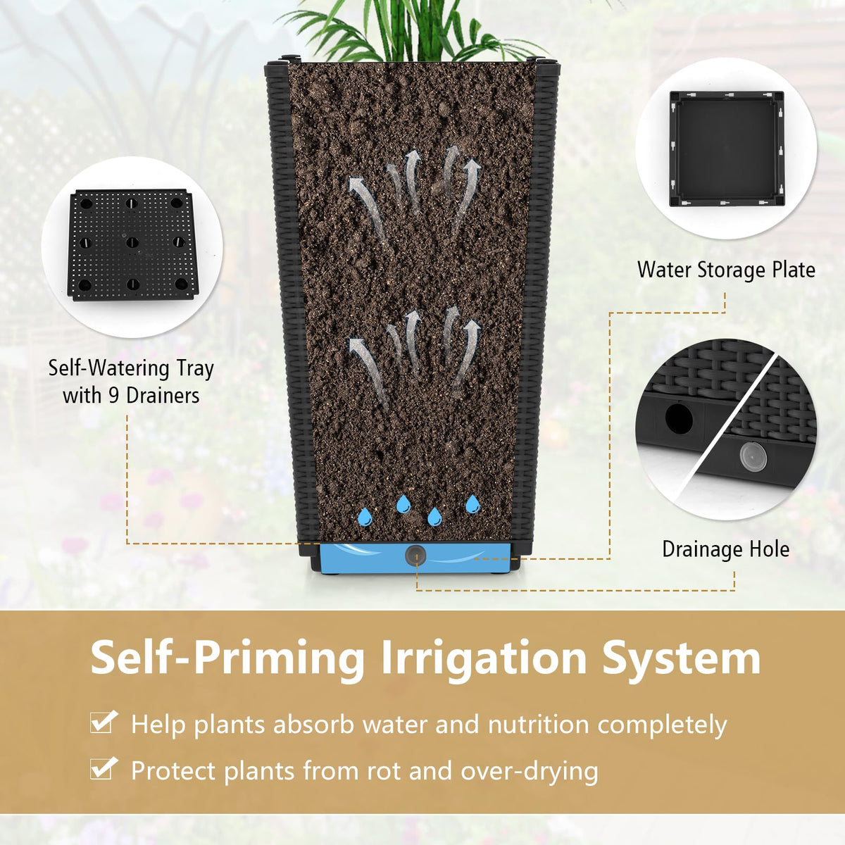 Lucktree Outdoor Wicker Flower Pot Set of 2, 22.5” Tall Planters with Drainage Hole, Self-Watering Tray