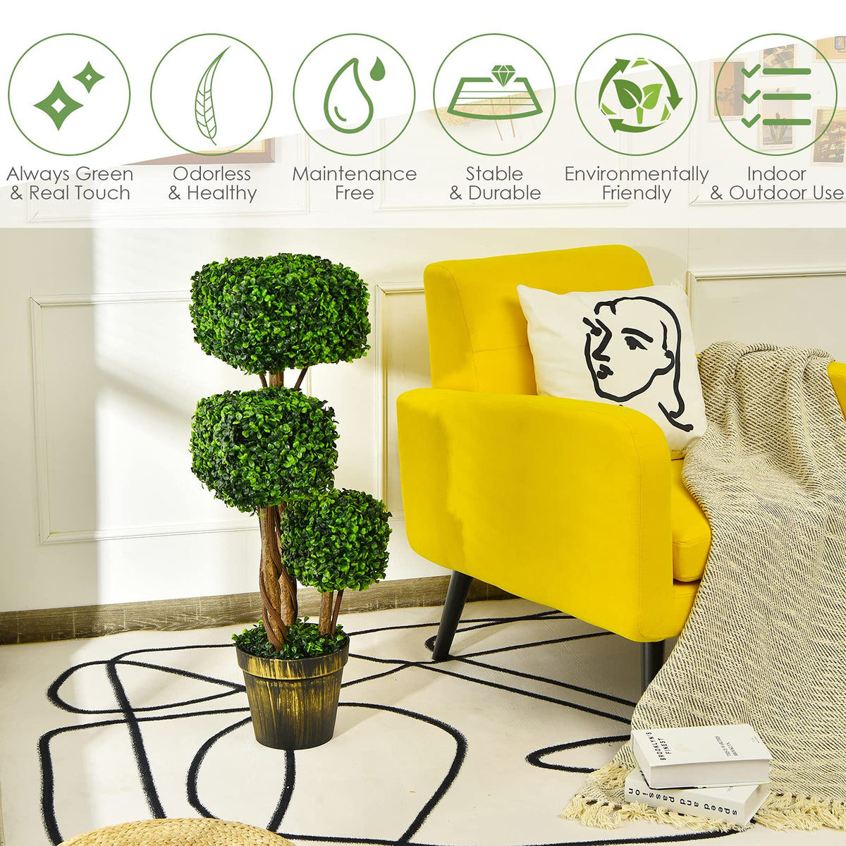 36' Artificial Triple Square Shaped Boxwood Topiary Tree W/ Cement-Filled Plastic Pot - LucktreeUS