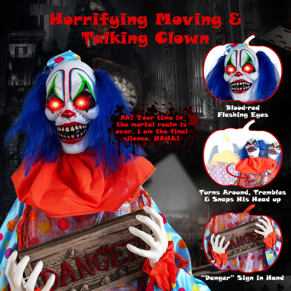 Lucktree 5.6 FT Halloween Animated Clown with Snap-up Head & Glowing Eyes