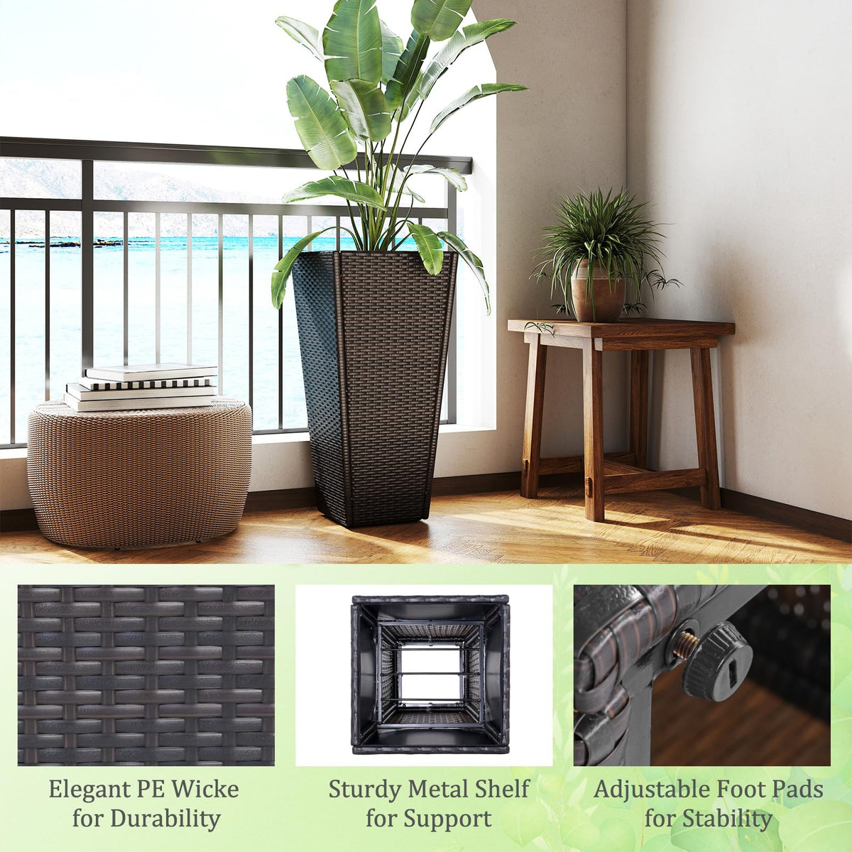 Lucktree Set of 2 Outdoor Wicker Flower Pot 30 Inch Tall Planters with Drainage System PE Rattan Flower Pots
