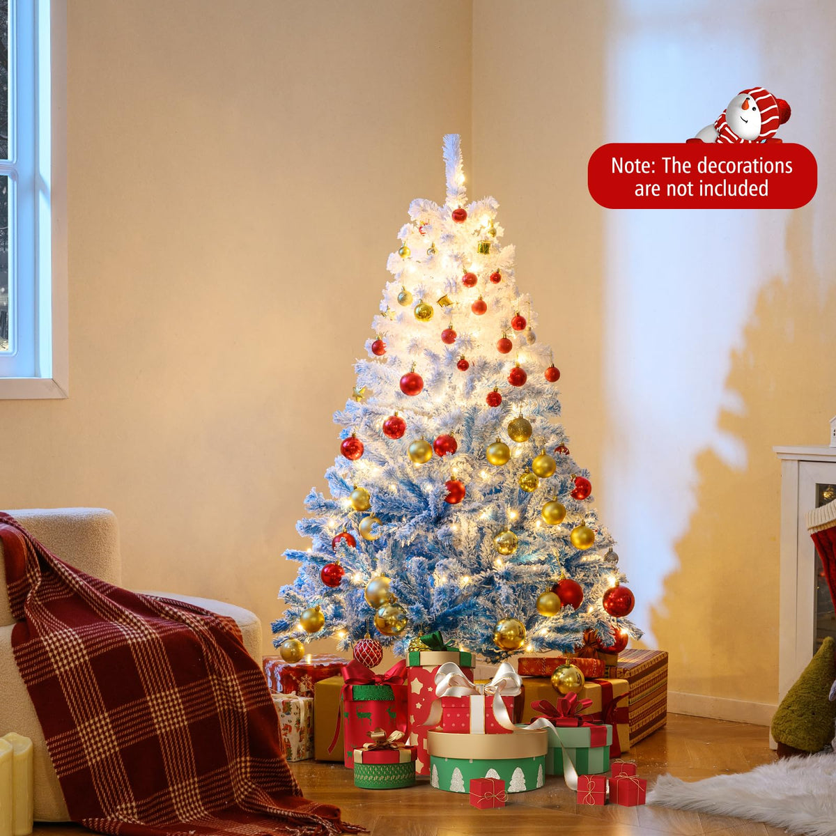 Lucktree Pre-Lit Snow Flocked Christmas Tree | Artificial Hinged Xmas Full Tree