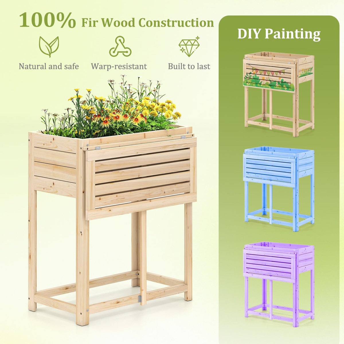 Lucktree Wood Raised Garden Bed w/Folding Drop-Leaf Potting Table