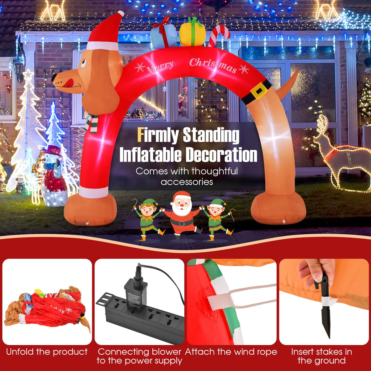 Lucktree 10 FT Lighted Inflatable Christmas Dachshund Arch, Blow Up Christmas Arch w/LEDs & Built-in Air Blower