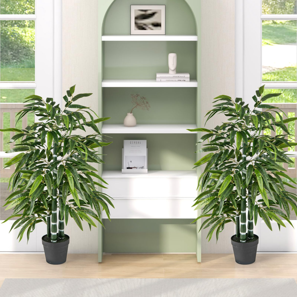 Lucktree Artificial Bamboo Tree, 50" Tall Set of 2 Fake Bamboo Plant with 3 PE Bamboo Trunk & Flush Leaves