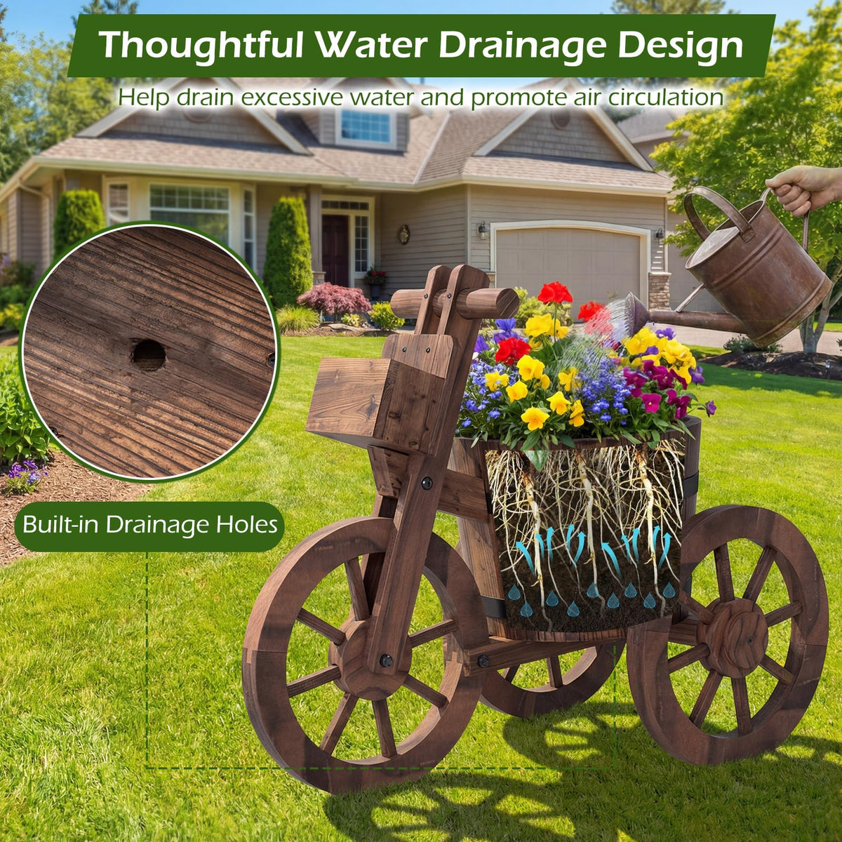 Lucktree Wooden Wagon Planter with Wheels for Patio Backyard Balcony