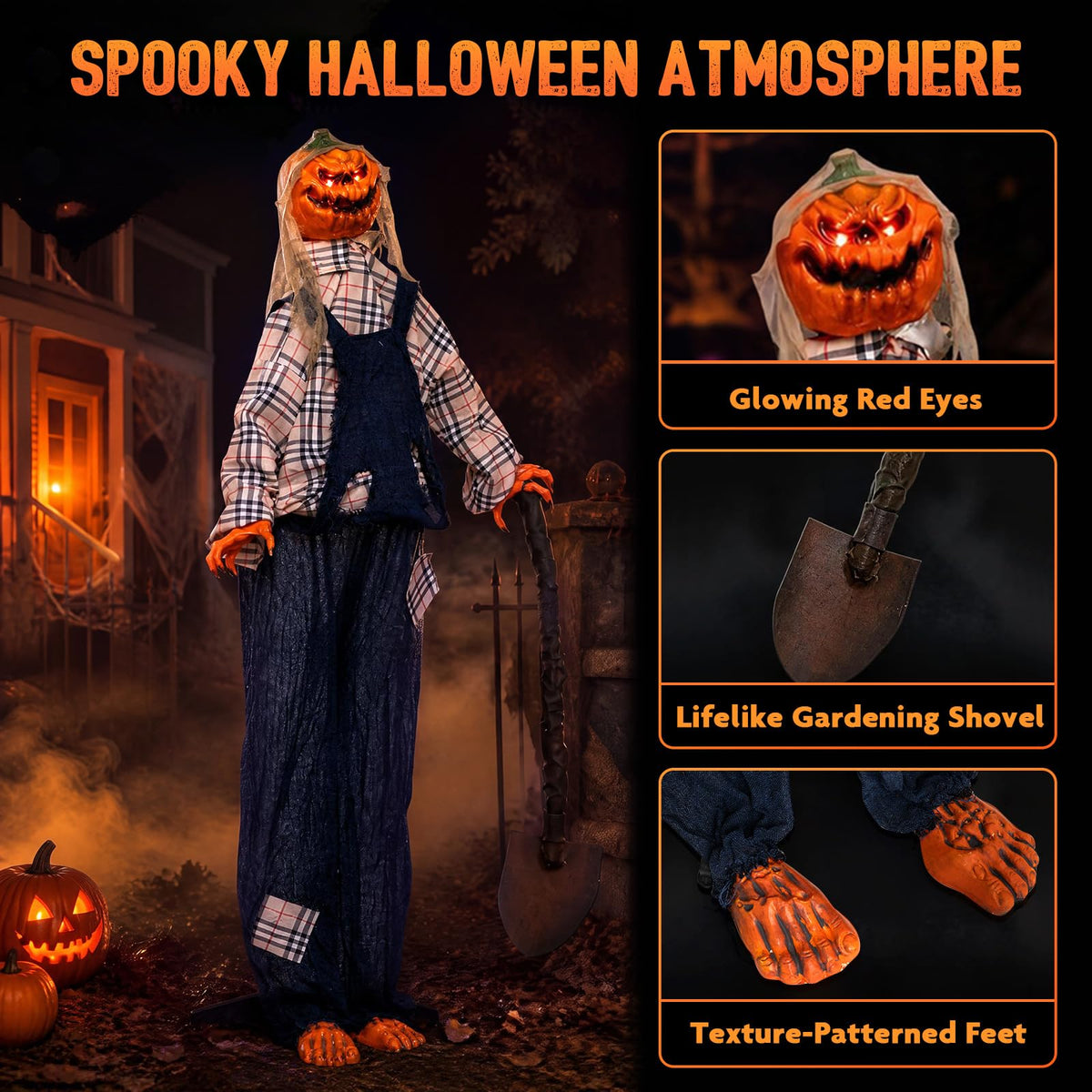 5.3 FT Animated Halloween Standing Pumpkin Scarecrow with Shovel