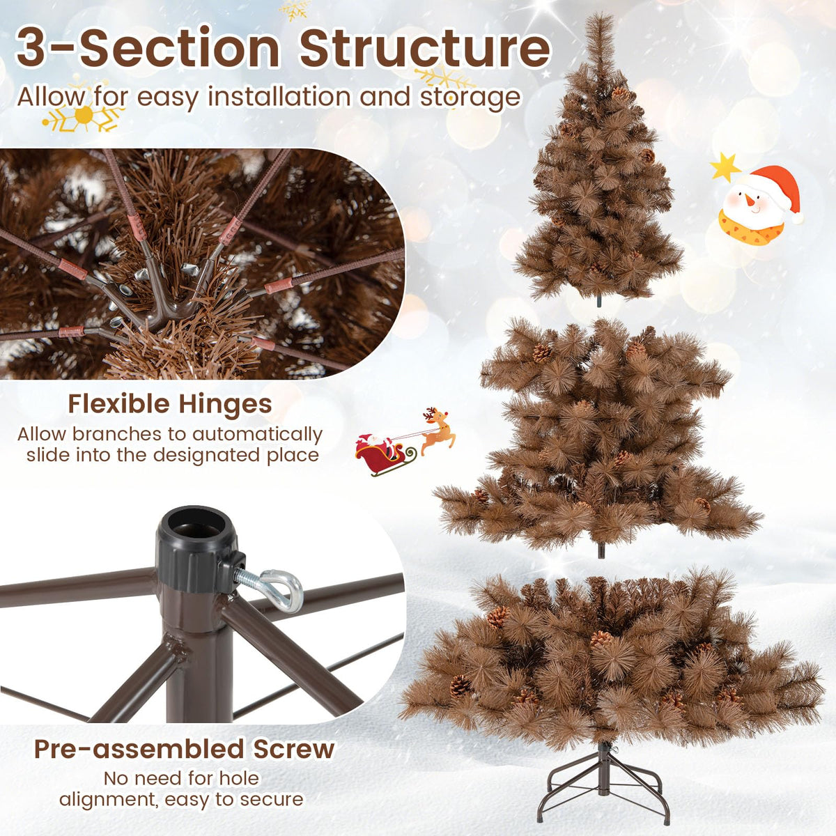 Lucktree 6 FT Pre-Lit Chocolate-Color Xmas Tree with 493 Pine Needles & PVC Tips