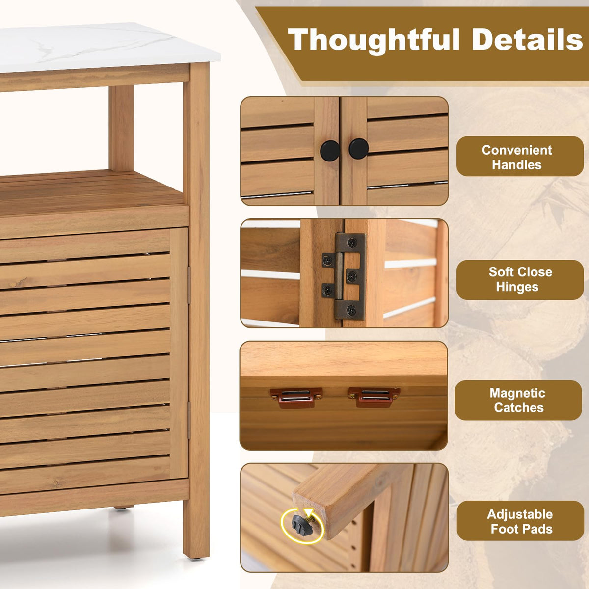 Lucktree Outdoor Potting Bench Acacia Wood Large Planting Workstation with 2-Door Storage Cabinet
