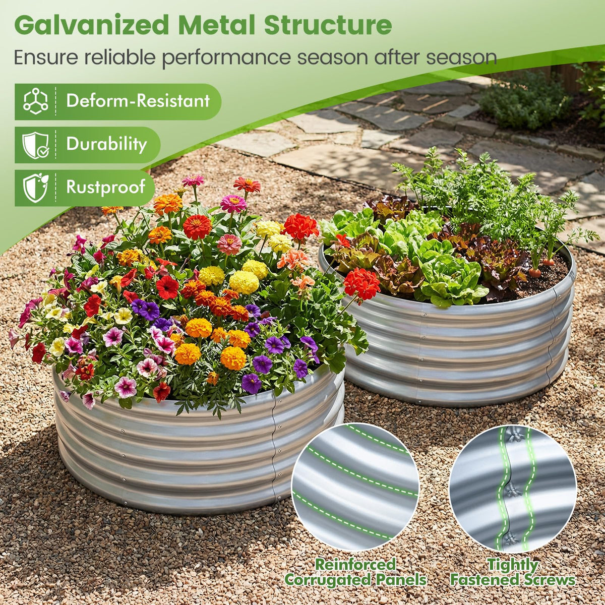 Lucktree Galvanized 2 x 2 x 1 FT Round Outdoor Planter Box with Open-Ended Base (1/2)