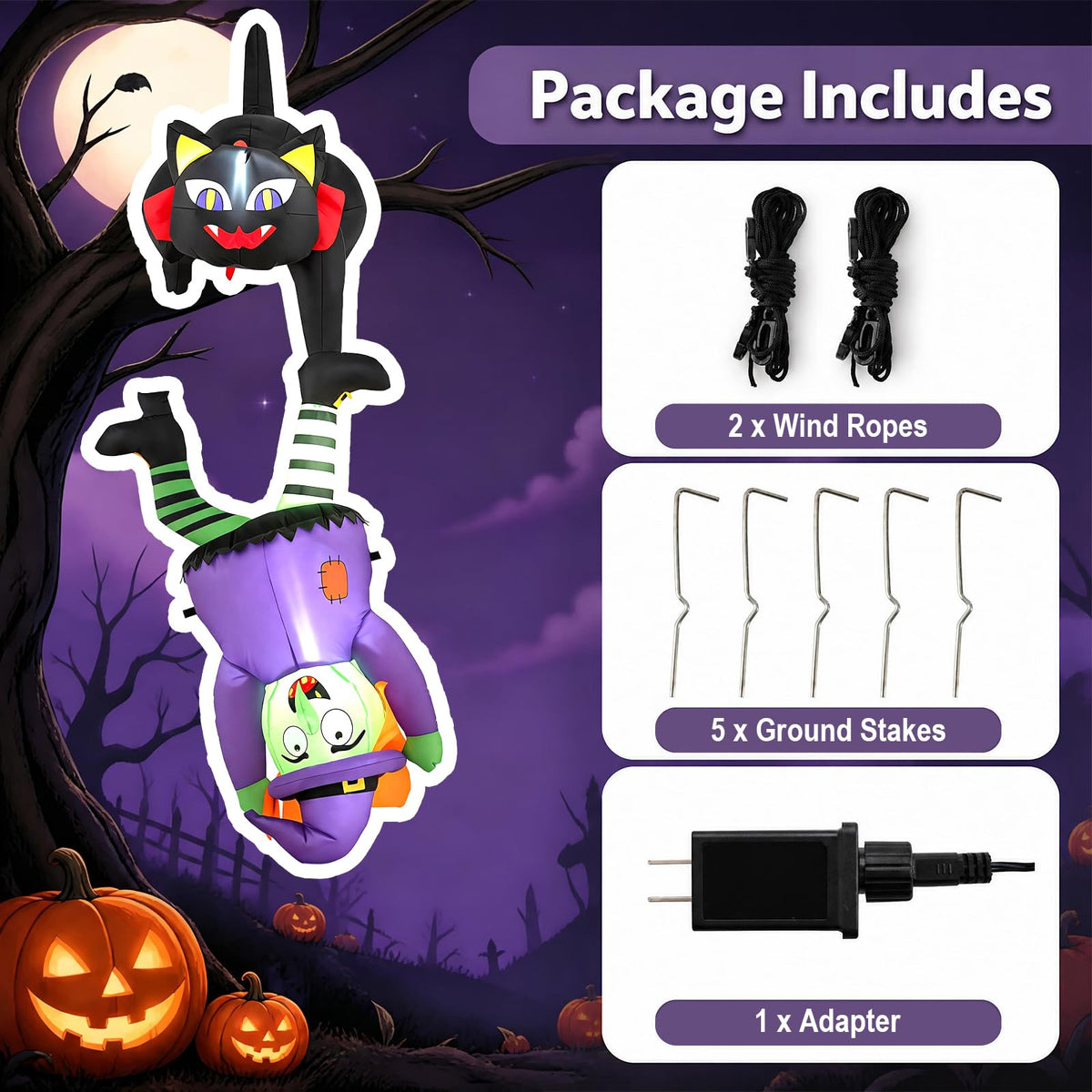 6.2 FT/190 CM Halloween Hanging Inflatable Witch & Black Cat