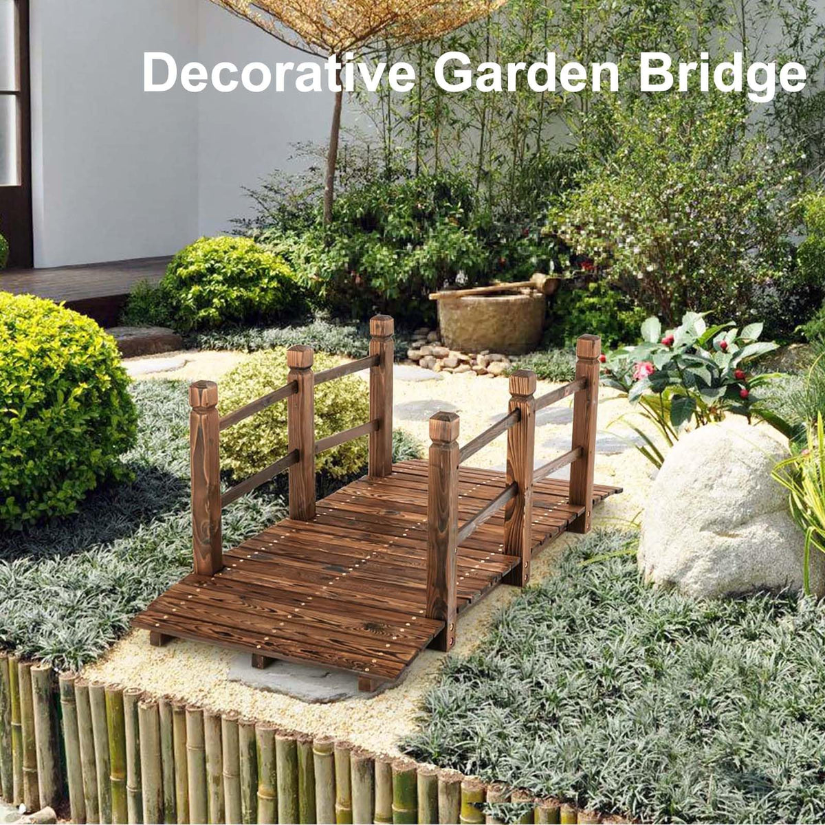 Lucktree 5 ft Garden Bridge - Stained Wood Arc Footbridge Walkway