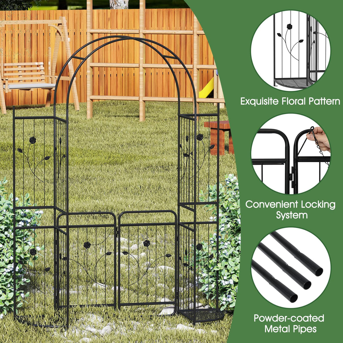Lucktree 87'' Metal Garden Arbor with Lockable Gate and Planter Shelves