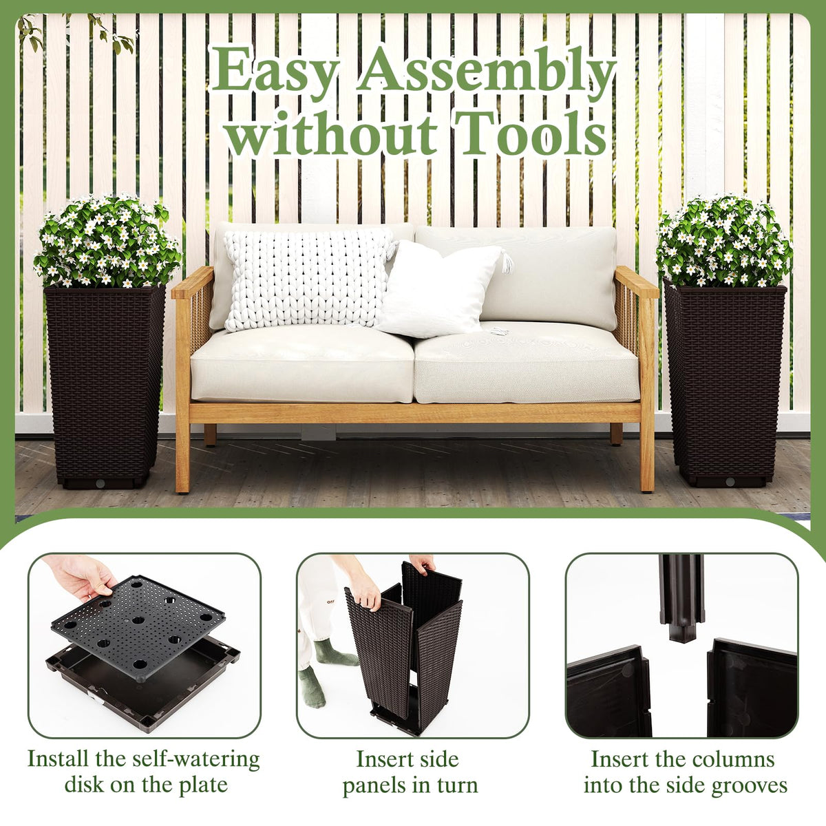 Lucktree Set of 2 Outdoor Wicker Flower Pot, 23 Inch Tall Planters with Drainage Hole, Self-Watering Tray