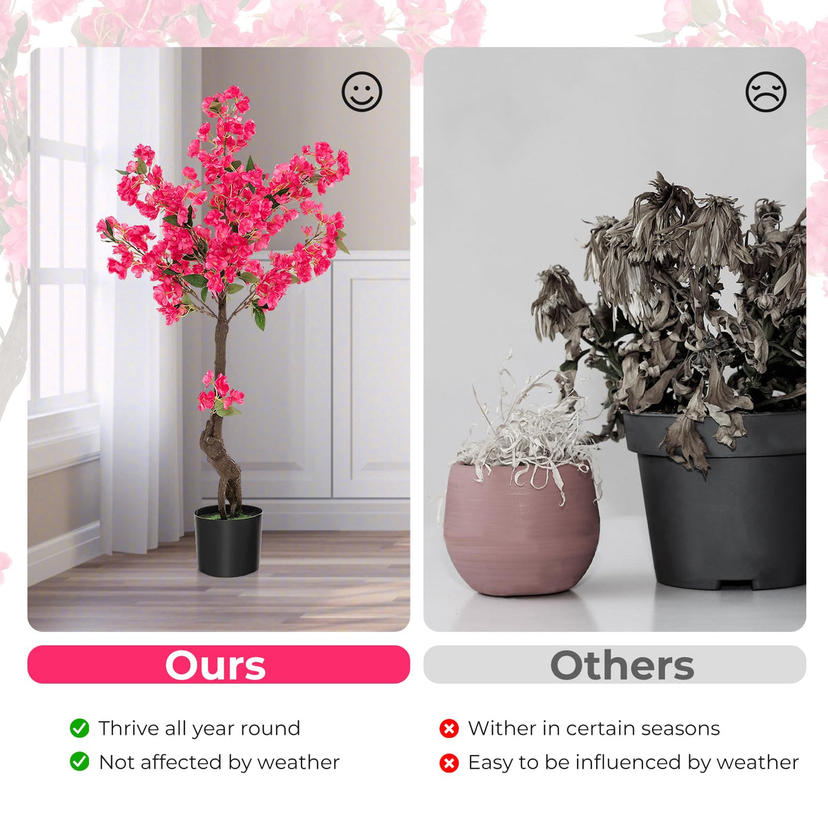 Lucktree 41” Artificial Plum Blossom Tree, Fake Floral Plant with 92 Flowers & Realistic Trunk in Plastic Nursery Pot