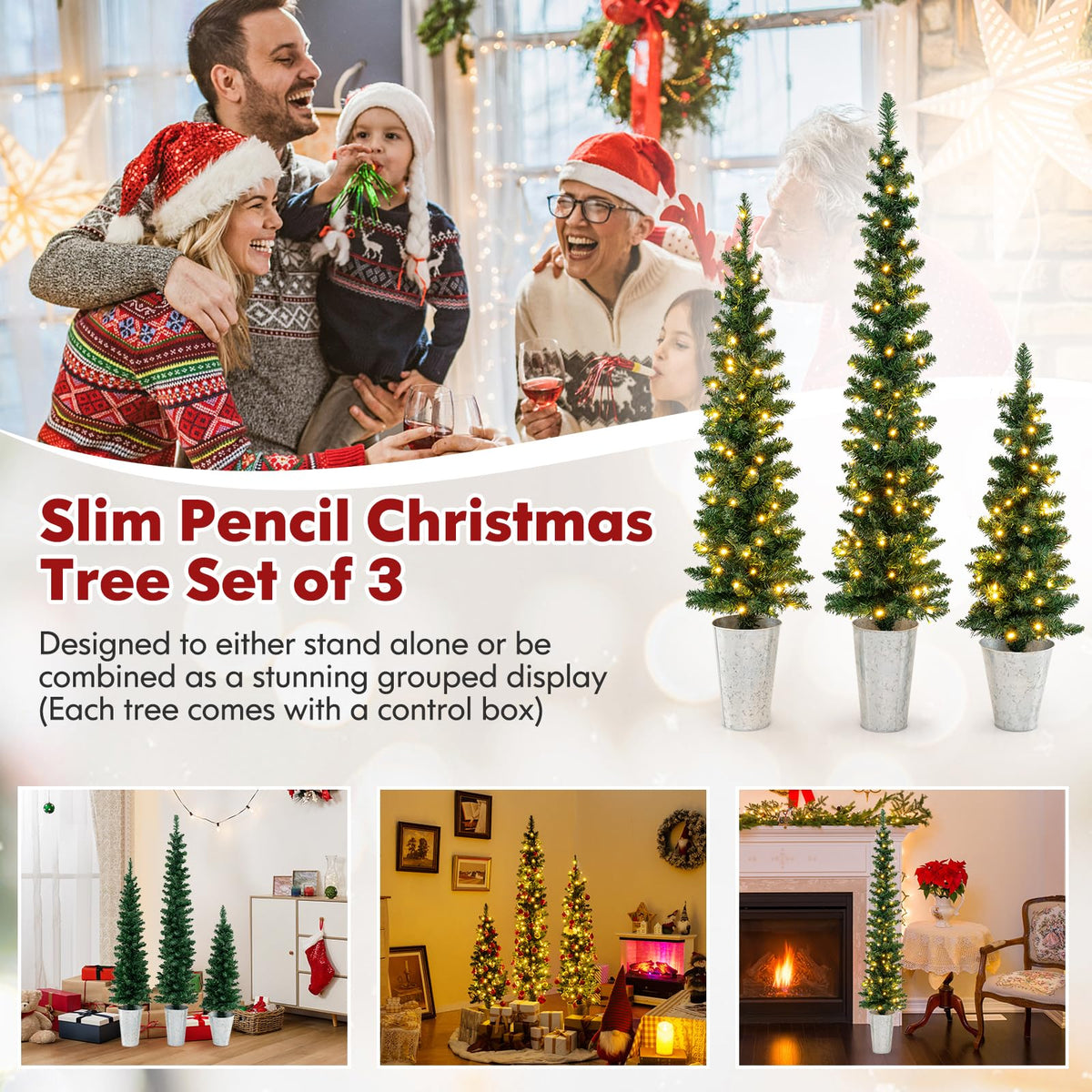 Lucktree 3' 4' 5' Pre-Lit Artificial Christmas Tree Set of 3, Slim Pencil Potted Xmas Tree with 423 Branch Tips, 230 Warm White LED Lights