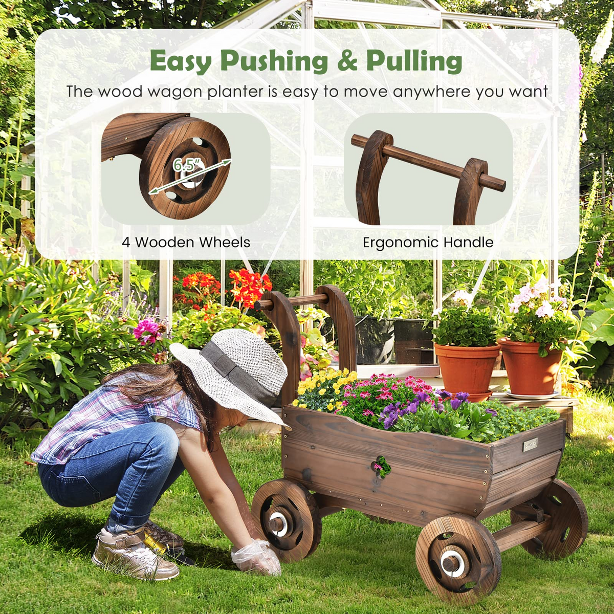 Lucktree Wooden Wagon Planter Raised Bed on Wheels, Handle, Drainage Hole