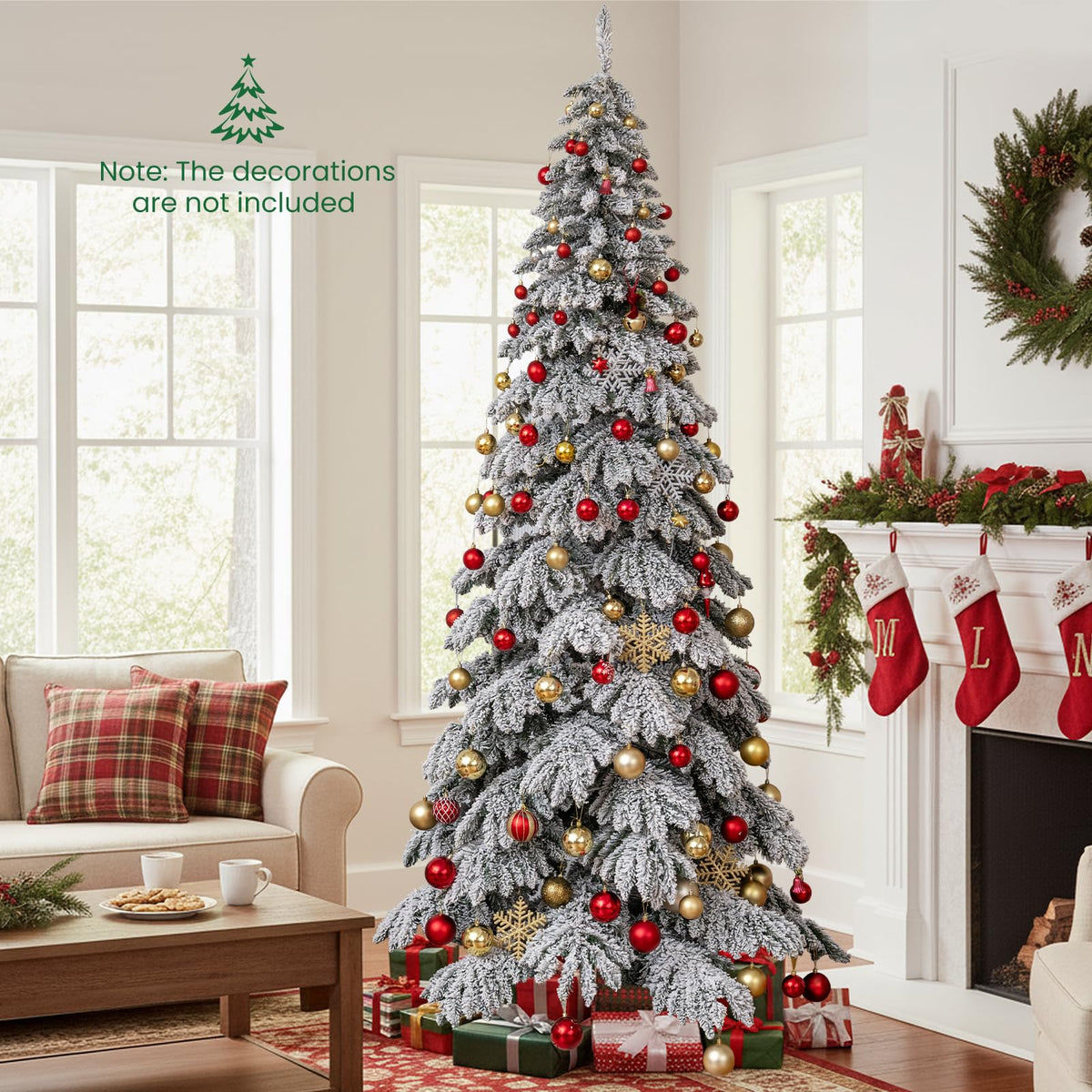 Lucktree 9 FT Pre-Lit Snow Flocked Drooping Christmas Tree with Quick Power Connectors