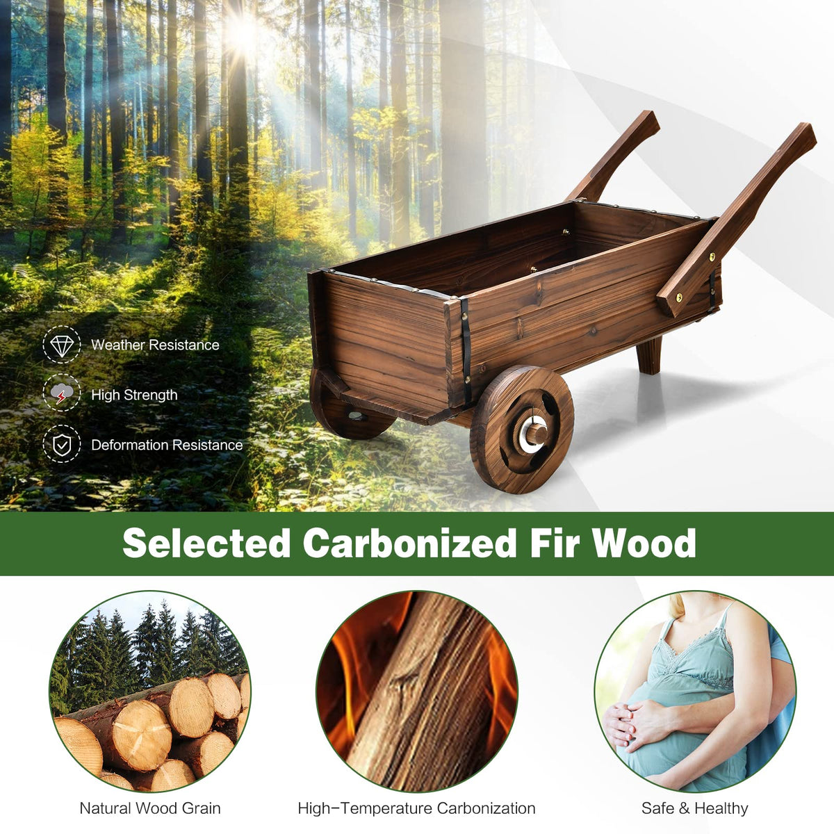 Lucktree Wooden Wagon Planter Box, Decorative Wagon Cart with Wheels, Handles